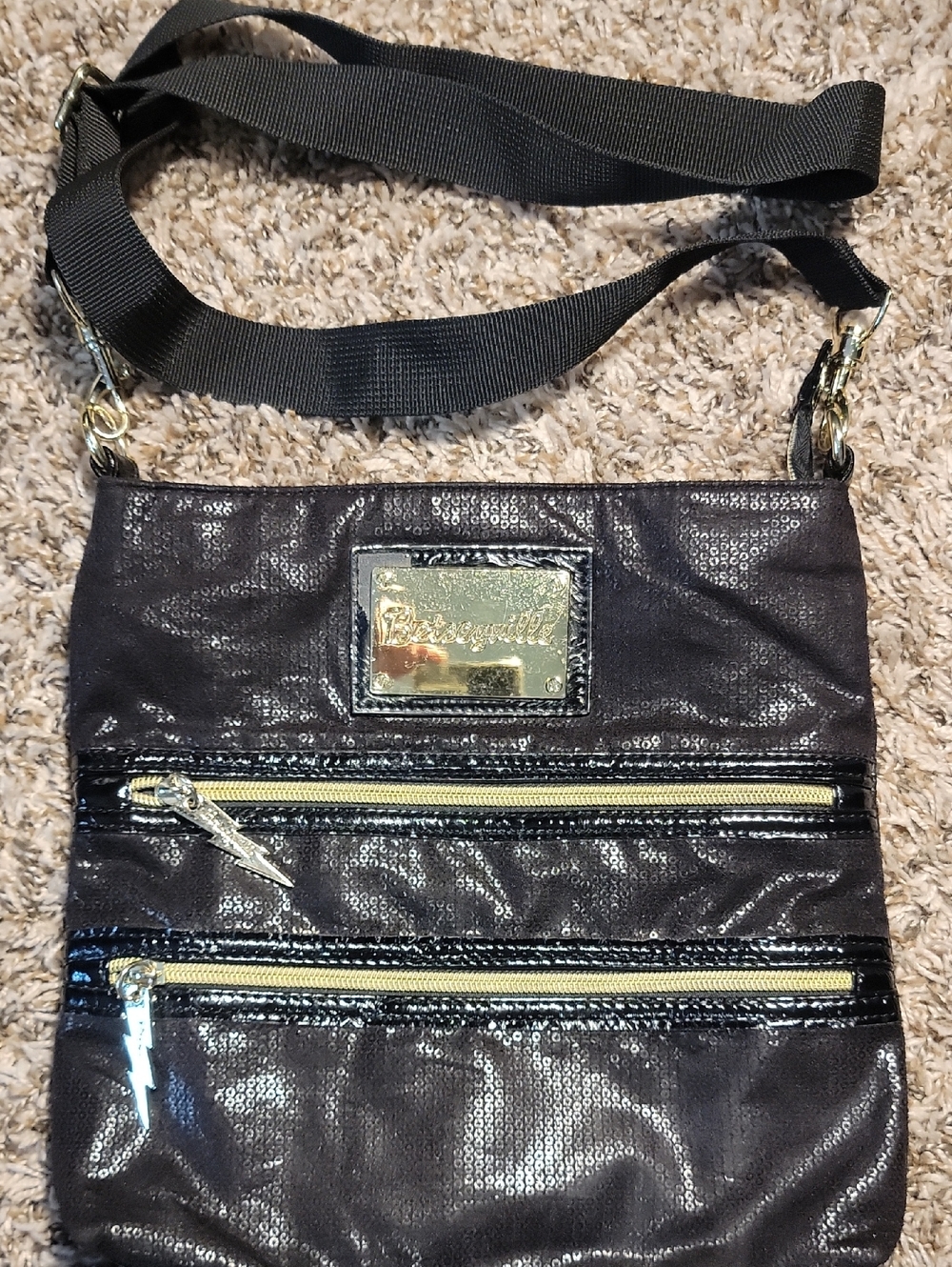 betsey Johnson Betseyville Black Crossbody with Gold Plaque and Zippers
